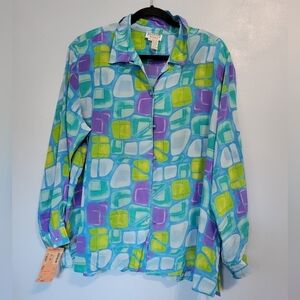 Vntg Allison Taylor Women's Deadstock Silk Artsy Blouse Size 1X Blue